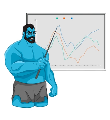 Holg Comic in dem der blaue Holg auf ein Chart mit drei Graphen zeigt